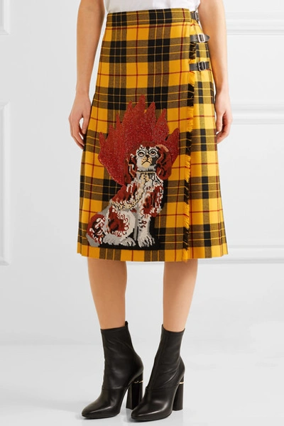 Shop Gucci Appliquéd Plaid Wool Midi Skirt
