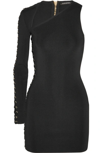 Shop Balmain Asymmetric Lace-up Stretch-knit Mini Dress