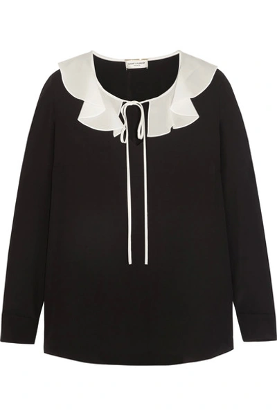 Saint Laurent Ruffled Silk Crepe De Chine Blouse In Blackbianco