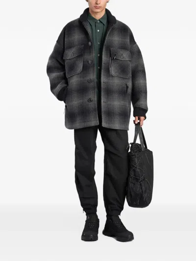And Wander Check-pattern Button-up Coat In Gray