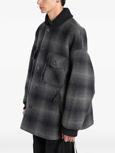 And Wander Check-pattern Button-up Coat In Gray