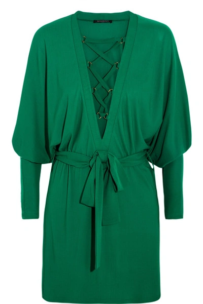 Balmain Lace-up Belted Batwing Dress, Emerald Green