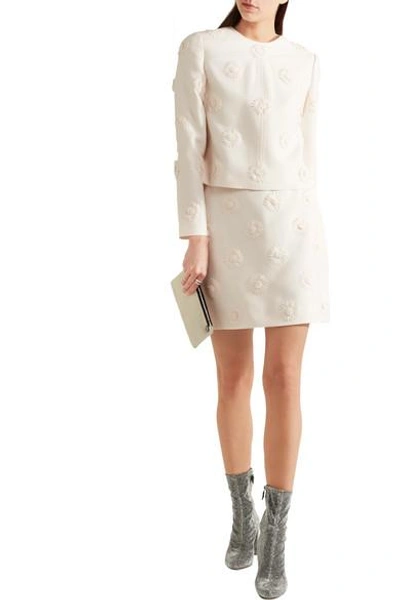 Shop Valentino Floral-appliquéd Wool And Silk-blend Crepe Mini Skirt