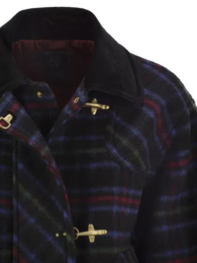 Fay Checked Wool-blend Jacket With Hook Fastenings In Blue