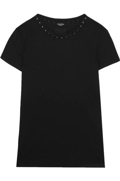 Shop Valentino The Rockstud Embellished Cotton-jersey T-shirt In Black