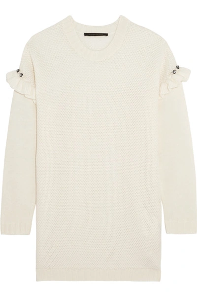 Mother Of Pearl Freda Embellished Ruffle-trimmed Waffle-knit Wool-blend Sweater