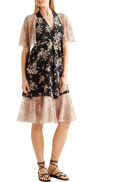 Shop Anna Sui Paneled Printed Silk Crepe De Chine And Lace Dress
