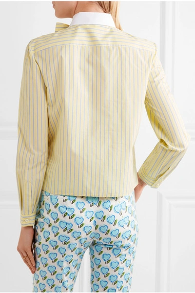 Shop Prada Bow-embellished Ruffled Striped Cotton Shirt In Pastel Yellow