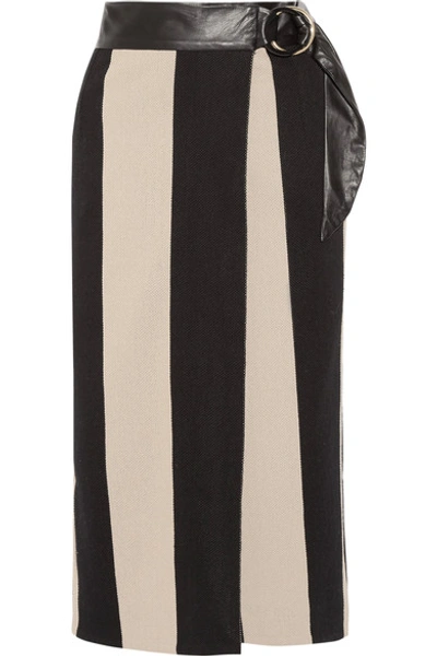 Petar Petrov Leather-trimmed Striped Cotton-burlap Wrap Midi Skirt