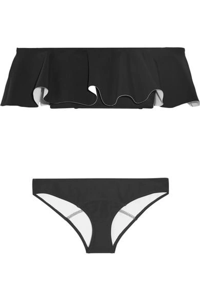 Shop Lisa Marie Fernandez Mira Flounce Off-the-shoulder Bonded Bikini In Black
