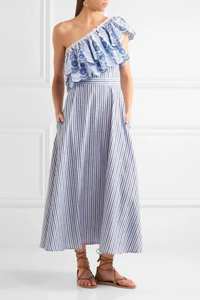 Shop Gül Hürgel Belle One-shoulder Striped Cotton And Linen-blend Midi Dress