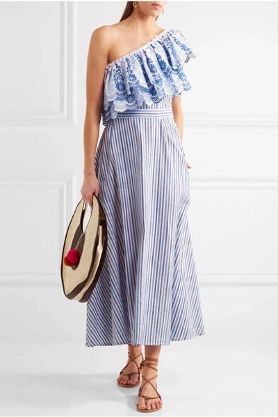 Shop Gül Hürgel Belle One-shoulder Striped Cotton And Linen-blend Midi Dress