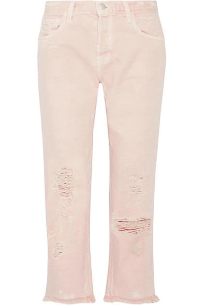 Shop J Brand Ivy Cropped Distressed High-rise Straight-leg Jeans In Pastel Pink