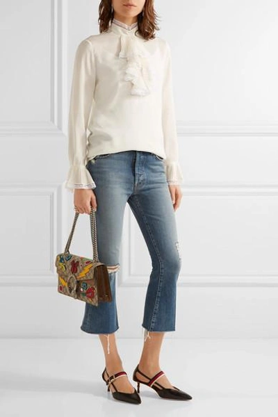 Shop Gucci Ruffled Lace-trimmed Silk-georgette Blouse In Ivory