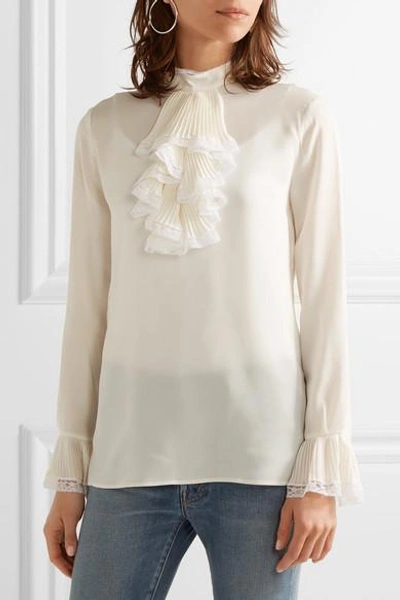 Shop Gucci Ruffled Lace-trimmed Silk-georgette Blouse In Ivory