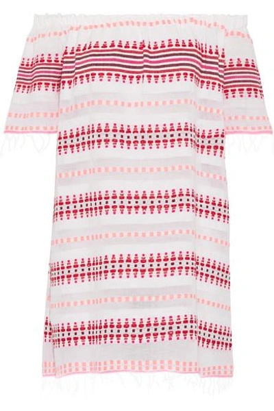Shop Lemlem Tabtab Off-the-shoulder Striped Cotton-blend Gauze Mini Dress In White