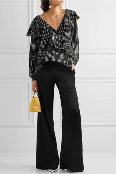 Shop Diane Von Furstenberg Ruffled Polka-dot Silk Crepe De Chine Wrap Top In Black