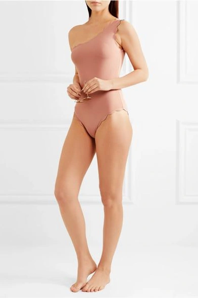 Shop Marysia Santa Barbara Maillot One-shoulder Scalloped Swimsuit In Antique Rose