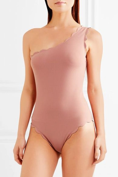 Shop Marysia Santa Barbara Maillot One-shoulder Scalloped Swimsuit In Antique Rose