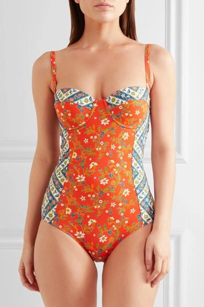 Shop Tory Burch Batik Floral-print Underwired Swimsuit In Papaya