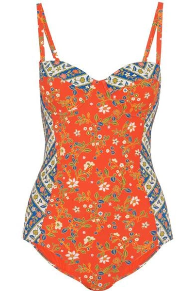 Shop Tory Burch Batik Floral-print Underwired Swimsuit In Papaya