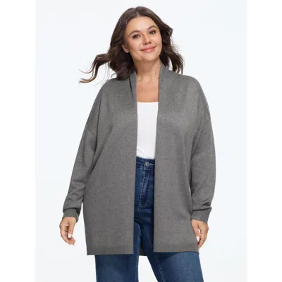 Bloomchic Solid Lapel Collar Open Front Cardigan In Gray