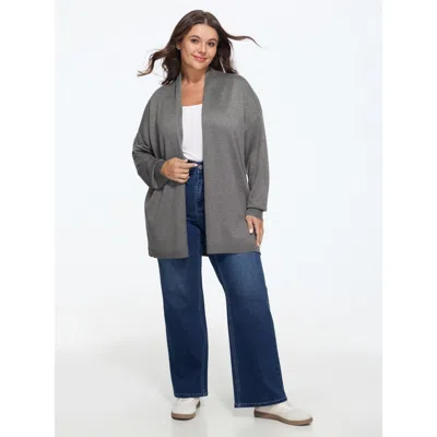 Bloomchic Solid Lapel Collar Open Front Cardigan In Gray
