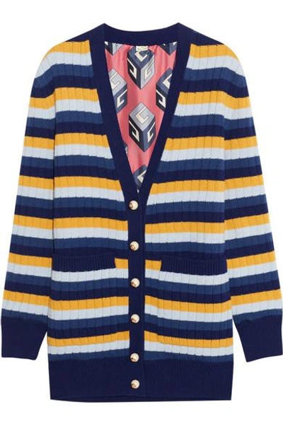 Shop Gucci Reversible Striped Wool And Printed Silk Cardigan In Blue