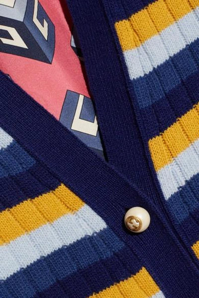 Shop Gucci Reversible Striped Wool And Printed Silk Cardigan In Blue