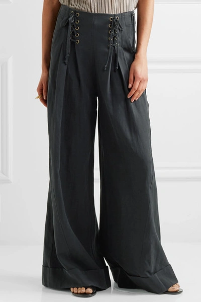 Shop Ulla Johnson Lace-up Pleated Twill Wide-leg Pants