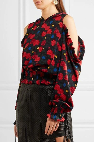 Shop Magda Butrym Foggia Cold-shoulder Printed Silk-crepe Hooded Top