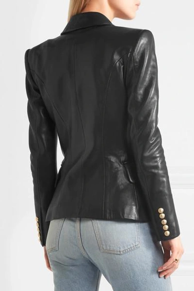 Shop Balmain Double-breasted Leather Blazer In Black