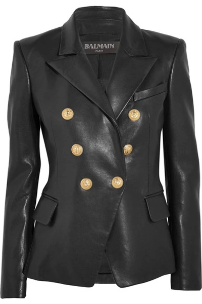 Balmain Black Double-breasted Jacket With Gold-colored Branded Buttons In Soft Leather Woman In Noir