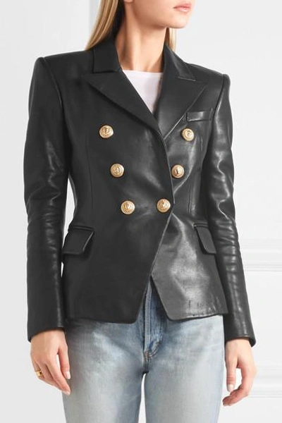 Shop Balmain Double-breasted Leather Blazer In Black