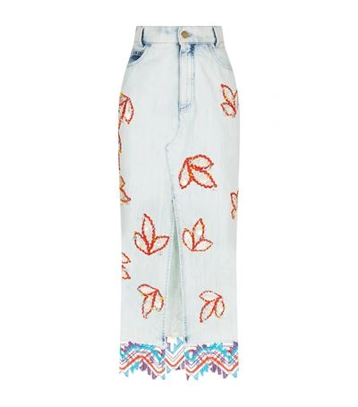 Peter Pilotto Embroidered Denim Front-slit Skirt In Blue
