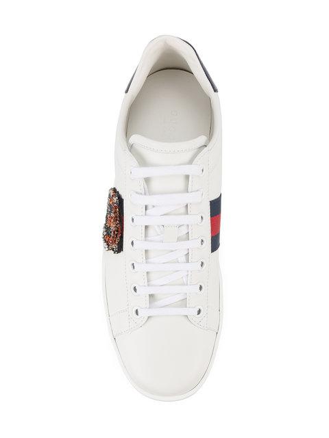 Gucci White/red/blue Tiger Embroidery Ace Leather Sneakers | ModeSens