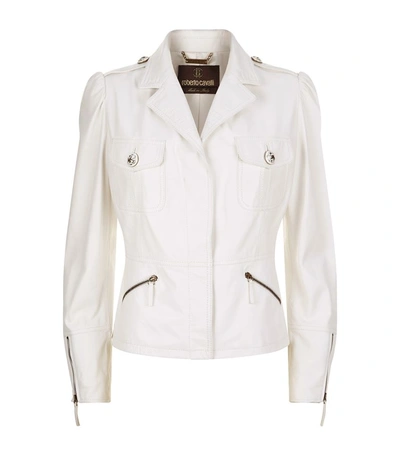 Roberto Cavalli Leather Biker Jacket In White