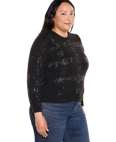 Belldini Plus Size Plaid-sequin Crewneck Pullover In Black