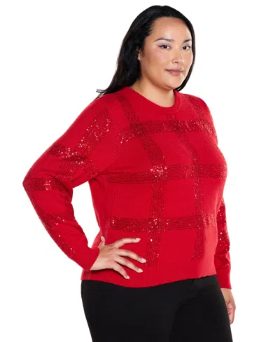 Belldini Plus Size Plaid-sequin Crewneck Pullover In Multi