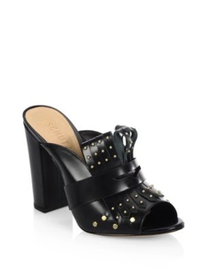 Schutz Woman Janny Fringed Studded Glossed-leather Mules Black