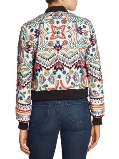 Shop Alice And Olivia Lonnie Embellished Cropped Silk Bomber Jacket In Cream Multi