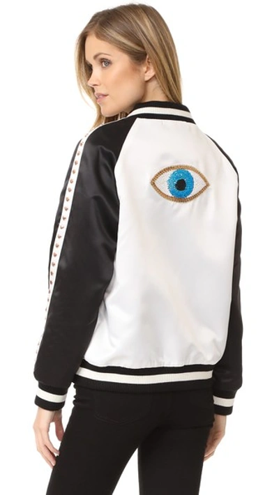 Jocelyn Evil Eye Bomber Jacket In Black/white