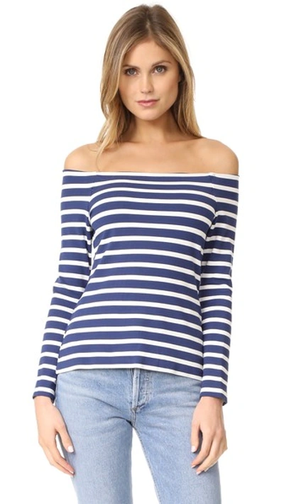 Shop L Agence Cynthia Long Sleeve Off Shoulder Top In Navy/magnolia