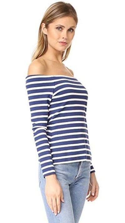 Shop L Agence Cynthia Long Sleeve Off Shoulder Top In Navy/magnolia