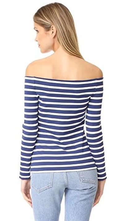 Shop L Agence Cynthia Long Sleeve Off Shoulder Top In Navy/magnolia