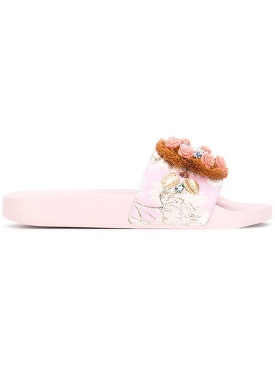 Shop Dolce & Gabbana Raffia Embellished Slides - Pink