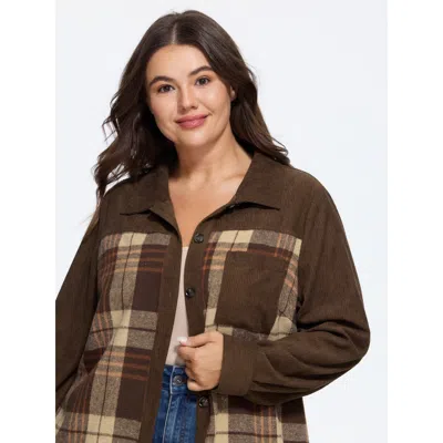 Bloomchic Corduroy Plaid Patchwork Button Front Jacket In Brown