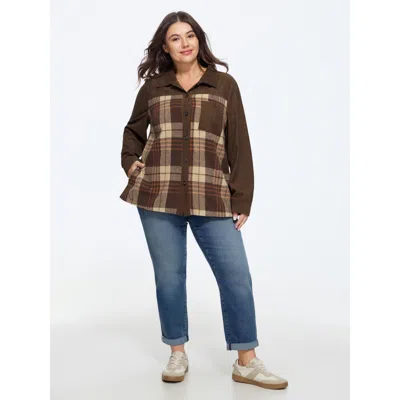 Bloomchic Corduroy Plaid Patchwork Button Front Jacket In Brown