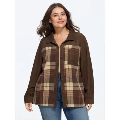 Bloomchic Corduroy Plaid Patchwork Button Front Jacket In Brown