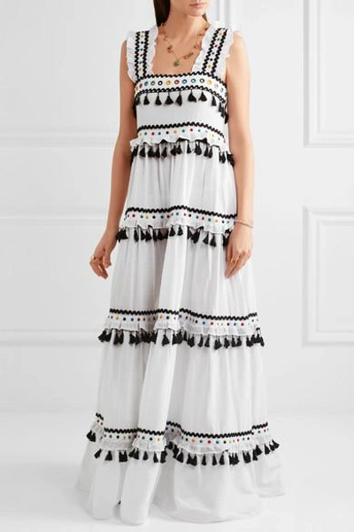 Shop Dodo Bar Or Tiered Embellished Embroidered Cotton-gauze Maxi Dress In White